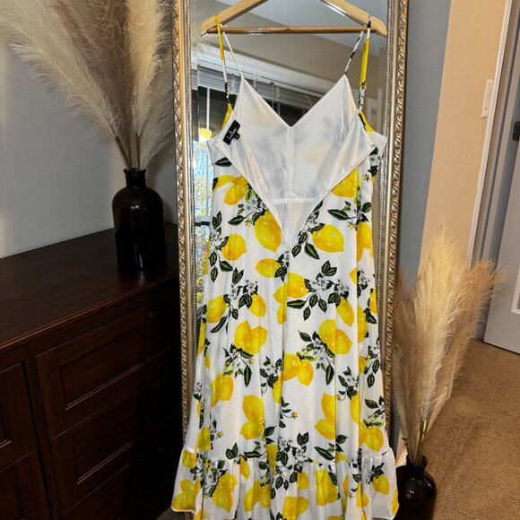 Lulus Air Yellow Lemon & Floral Print High-Low Midi Dress – Size [L] - Picture 7 of 12